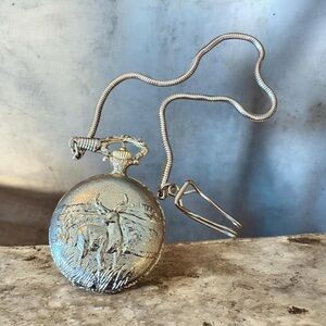 Silver Deer-Engraved Pocket Watch Necklace - Men Accessories Non Working